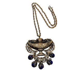 Vintage Unusual Brass Filigree & Glass Urn Pendant Necklace (A1257)